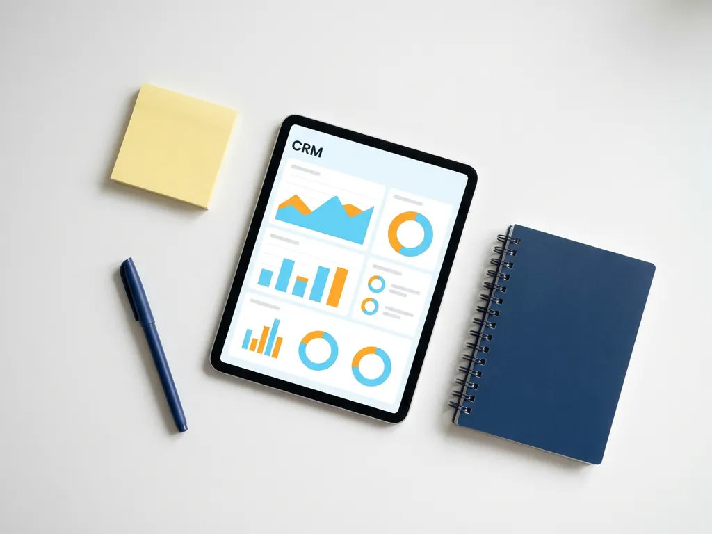 Tablet met kleurrijk CRM-dashboard met grafieken in lichtblauw en oranje, omringd door een gele sticky note, pen en notitieboekje op wit oppervlak.