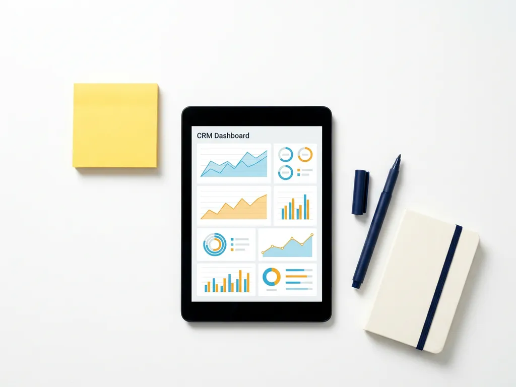 Tablet met kleurrijk CRM-dashboard in blauw en oranje, omringd door gele sticky note, donkerblauwe pen en notitieboekje op witte ondergrond.