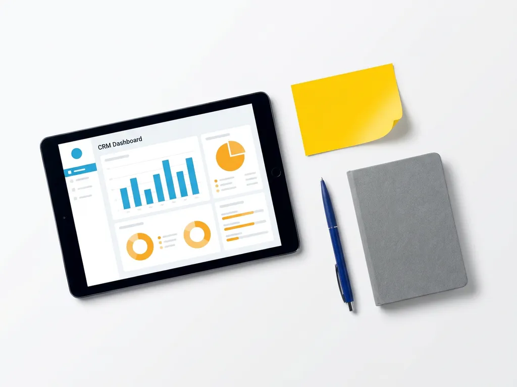 Tablet met kleurrijk CRM-dashboard in blauw en oranje, omringd door gele sticky note, pen en notitieboekje op wit oppervlak.