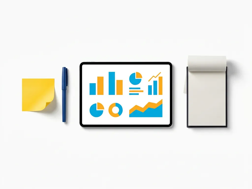 Tablet met kleurrijk CRM-dashboard in blauw en oranje, omringd door gele sticky note, pen en notitieblok op wit oppervlak.