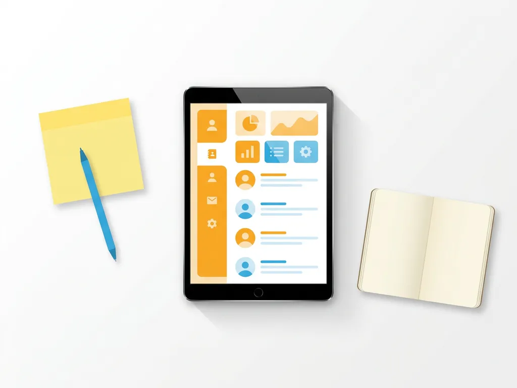 Tablet met kleurrijk CRM-contactdashboard in oranje en blauw, omringd door sticky note, pen en notitieboekje op witte ondergrond.