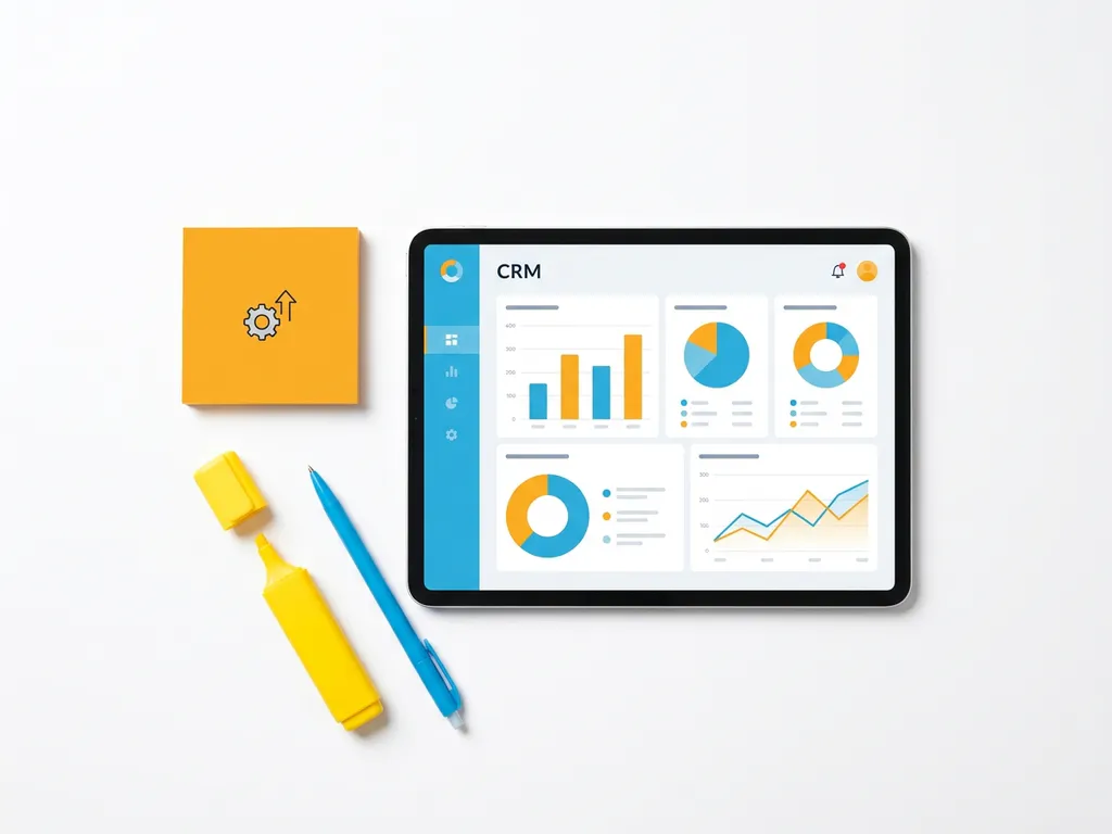 Tablet met kleurrijk CRM-dashboard omringd door oranje sticky note, gele markeerstift en blauwe pen op wit oppervlak.