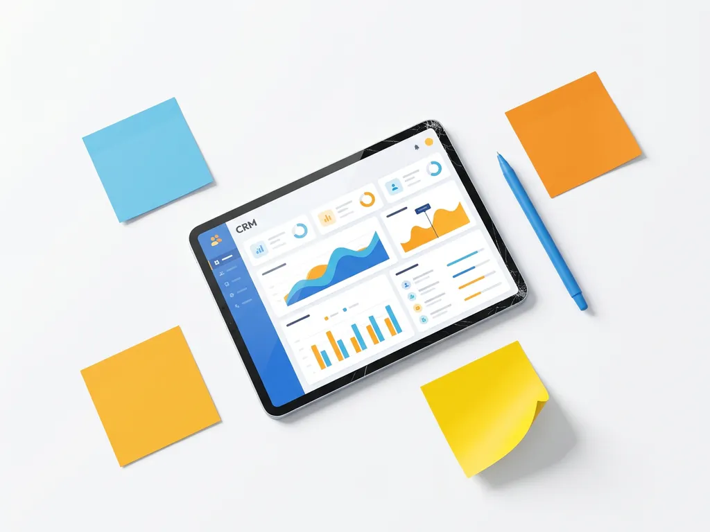 Schuin geplaatste tablet met kleurrijk CRM-dashboard, omringd door blauwe en gele sticky notes en een pen op wit bureau.