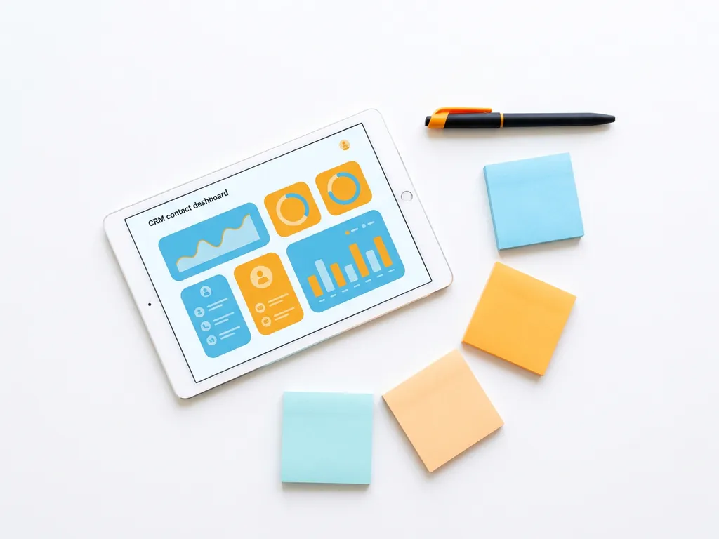 Tablet met kleurrijk CRM-contactdashboard in blauw en oranje, omringd door gekleurde sticky notes en pen op wit bureau.