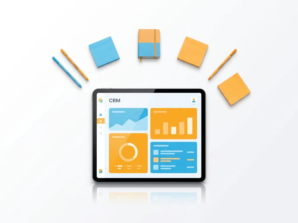 Tablet met kleurrijk CRM-dashboard in blauw en oranje, omringd door pennen, sticky notes en notitieboekje op wit oppervlak.