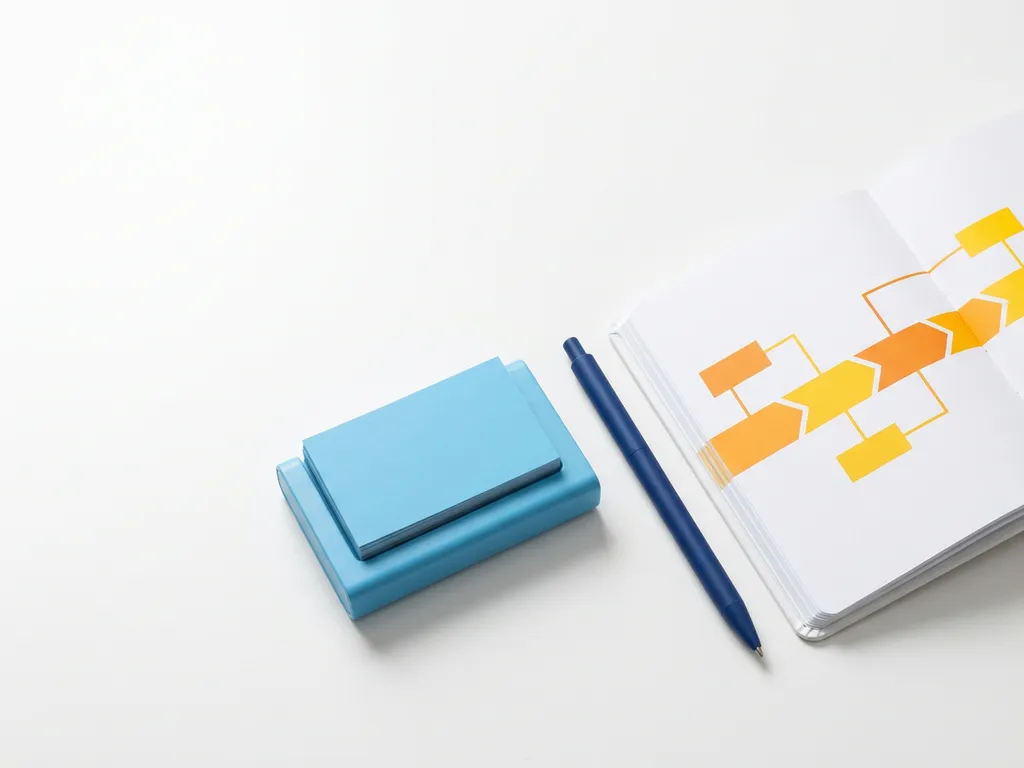 Minimalistische flatlay met lichtblauwe CRM-kaarthouder en open projectplanner met oranje en gele tijdlijn, verbonden door een donkerblauwe pen.