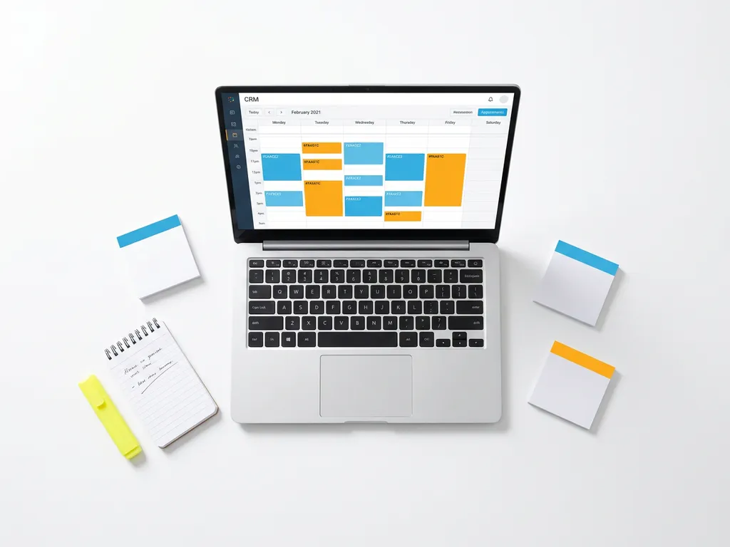 Laptop met kleurrijk CRM-kalender in blauw en oranje, omringd door notitieblok, markeerstift en sticky notes op wit bureau.