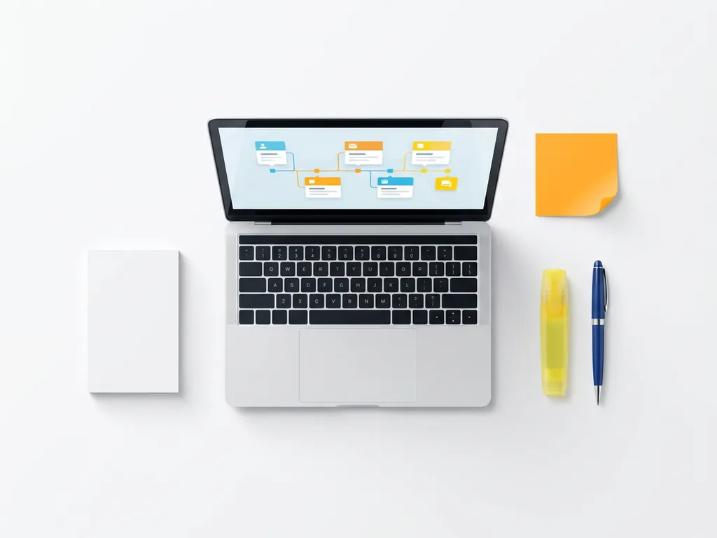 Laptop met kleurrijke CRM-contacttijdlijn op wit bureau, omringd door oranje sticky note, gele markeerstift en blauwe pen.