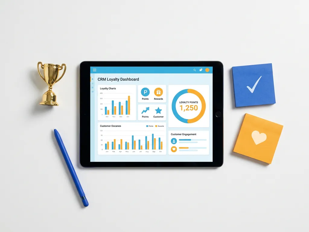 Tablet met kleurrijk CRM-loyaliteitsdashboard in blauw en oranje, omringd door een gouden trofee, pen en sticky notes.