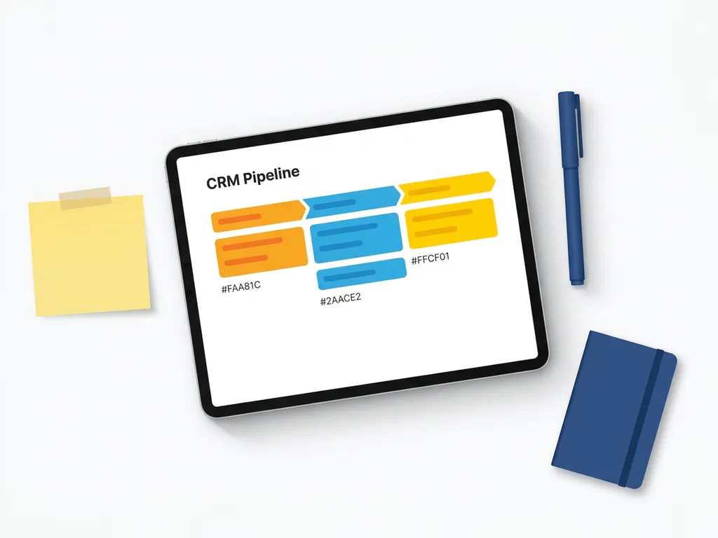 Tablet met kleurrijk CRM-pipelinedashboard in oranje en blauw, naast gele sticky note, pen en notitieboekje op wit oppervlak.