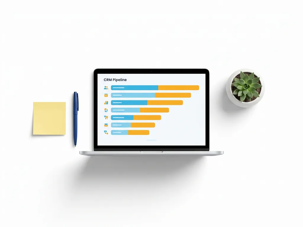 Laptop met kleurrijk CRM-pipelinescherm, omringd door gele sticky note, donkerblauwe pen en klein potplantje op wit oppervlak.