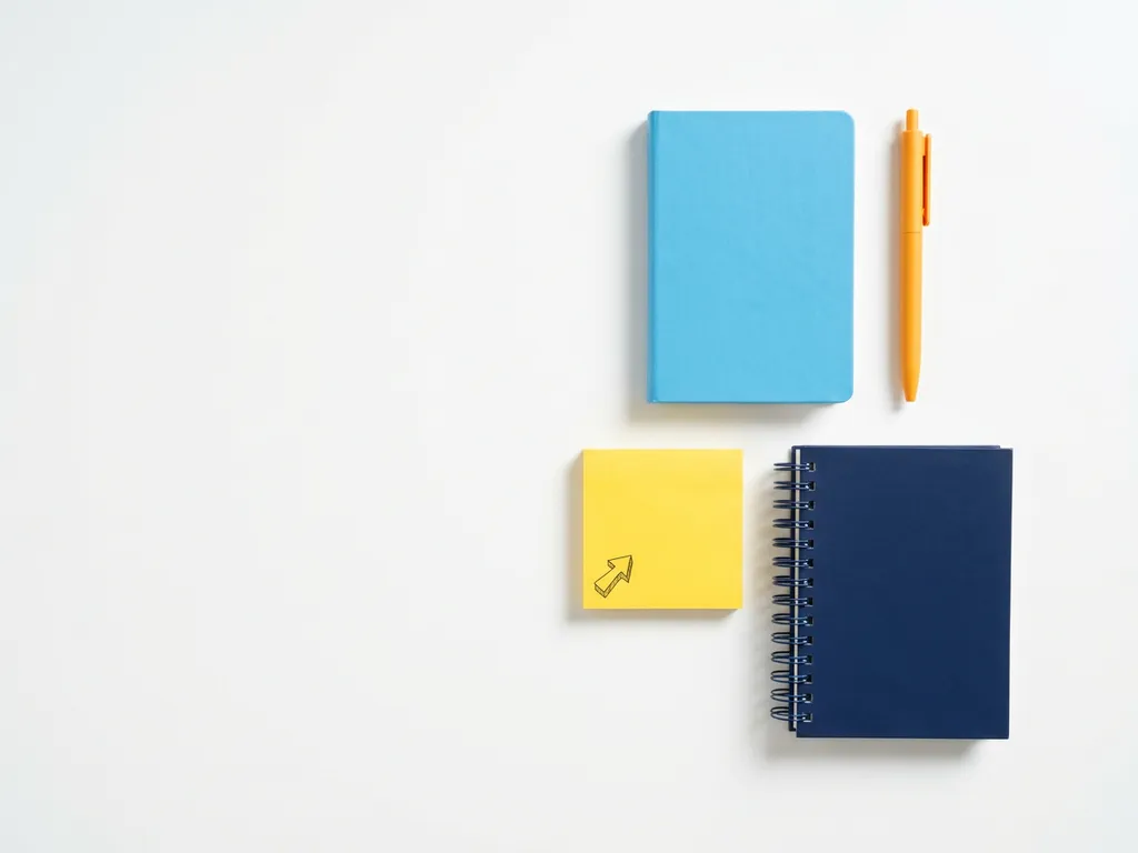 Bovenaanzicht van een lichtblauw notitieboek, oranje pen, gele sticky note en donkerblauwe planner op wit oppervlak.