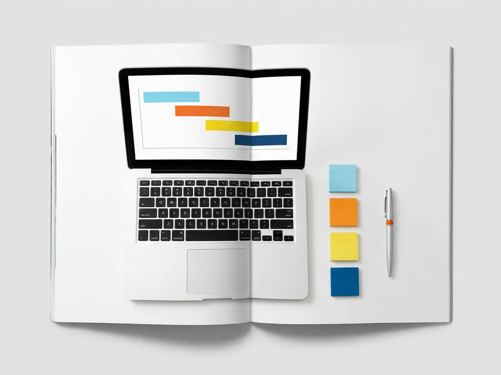Laptop met kleurrijke CRM-projecttijdlijn in vier fasen, omringd door kleurgecodeerde sticky notes en pen op wit bureau.
