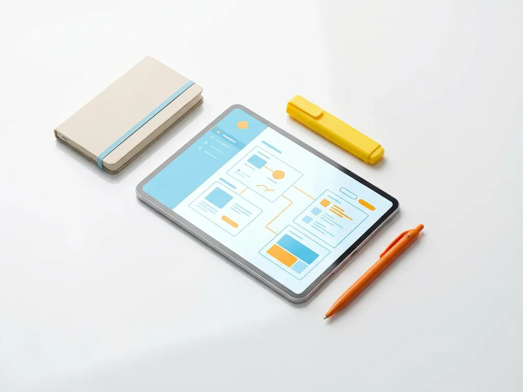 Tablet met kleurrijk verbonden dashboard in lichtblauw en oranje, omringd door notitieboekje, gele markeerstift en oranje pen op wit oppervlak.