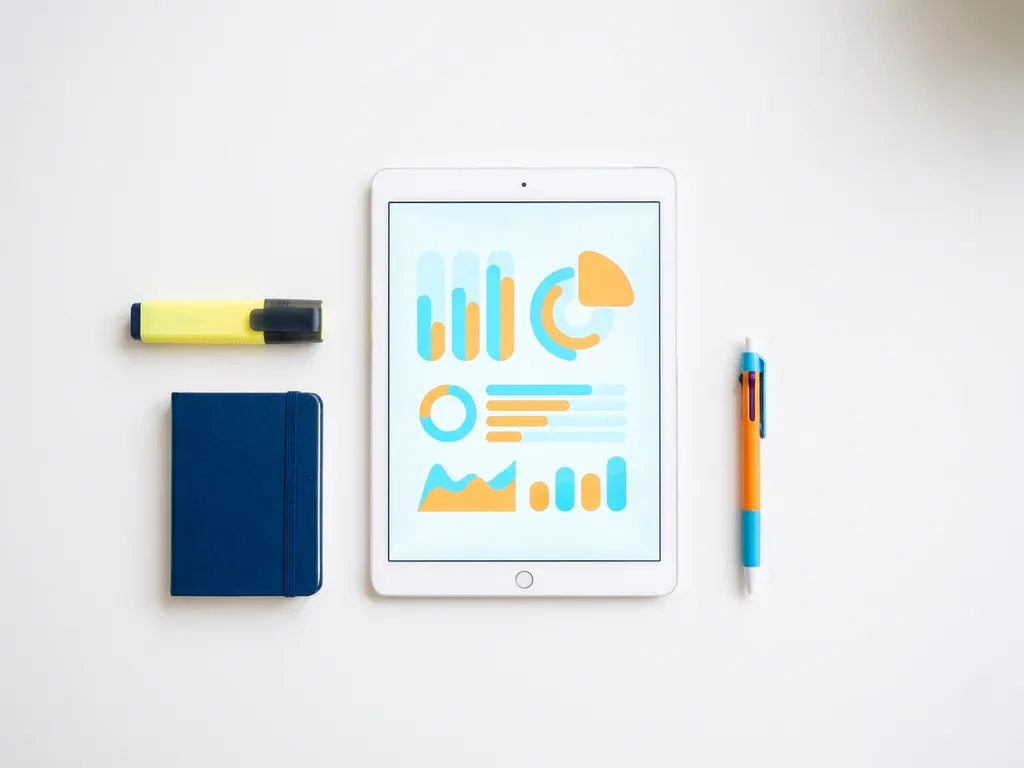 Tablet met kleurrijke dashboard-grafieken in lichtblauw en oranje, omringd door een gele markeerstift, notitieboekje en pen op een wit bureau.