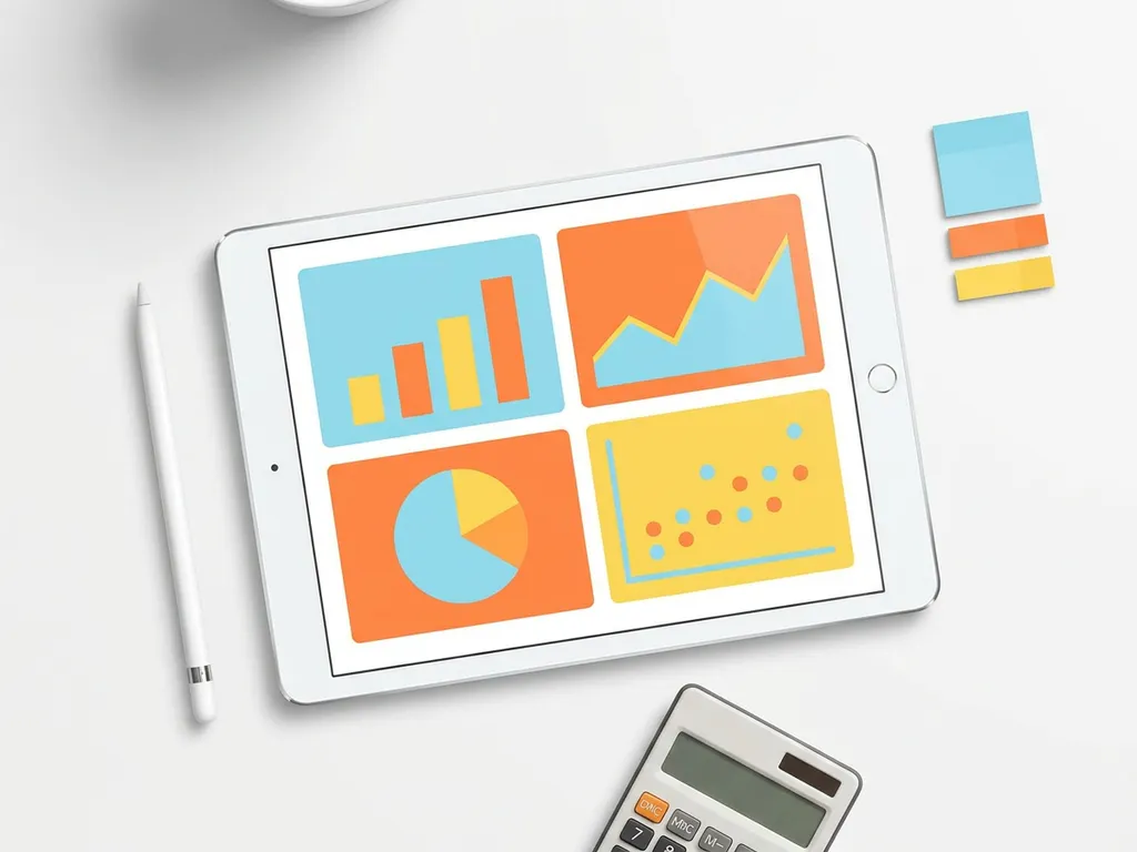 Tablet met kleurrijk dashboard met vier grafiekpanelen in lichtblauw, oranje en geel, omringd door pen, sticky notes en calculator op wit bureau.