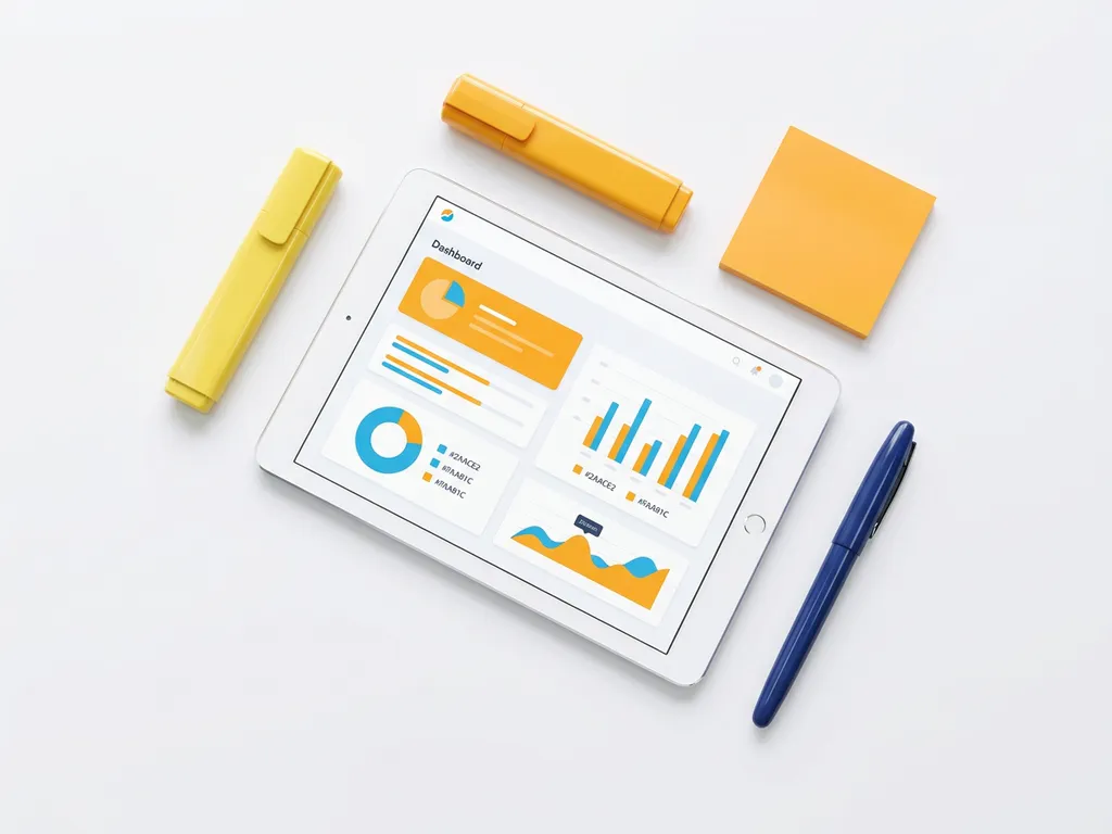 Tablet met kleurrijk dashboard met oranje en blauwe grafieken, omringd door een gele markeerstift, oranje sticky note en donkerblauwe pen op witte ondergrond.
