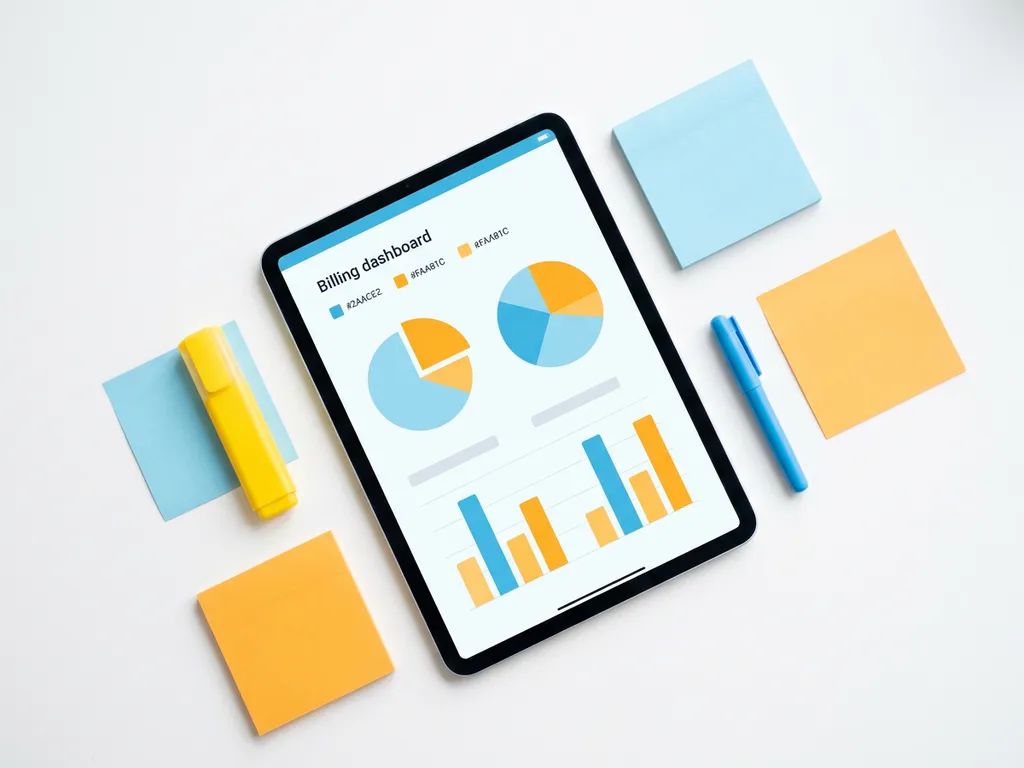 Tablet met kleurrijk factureringsdashboard in oranje en blauw, omringd door markeerstift, pen en sticky notes op wit bureau.