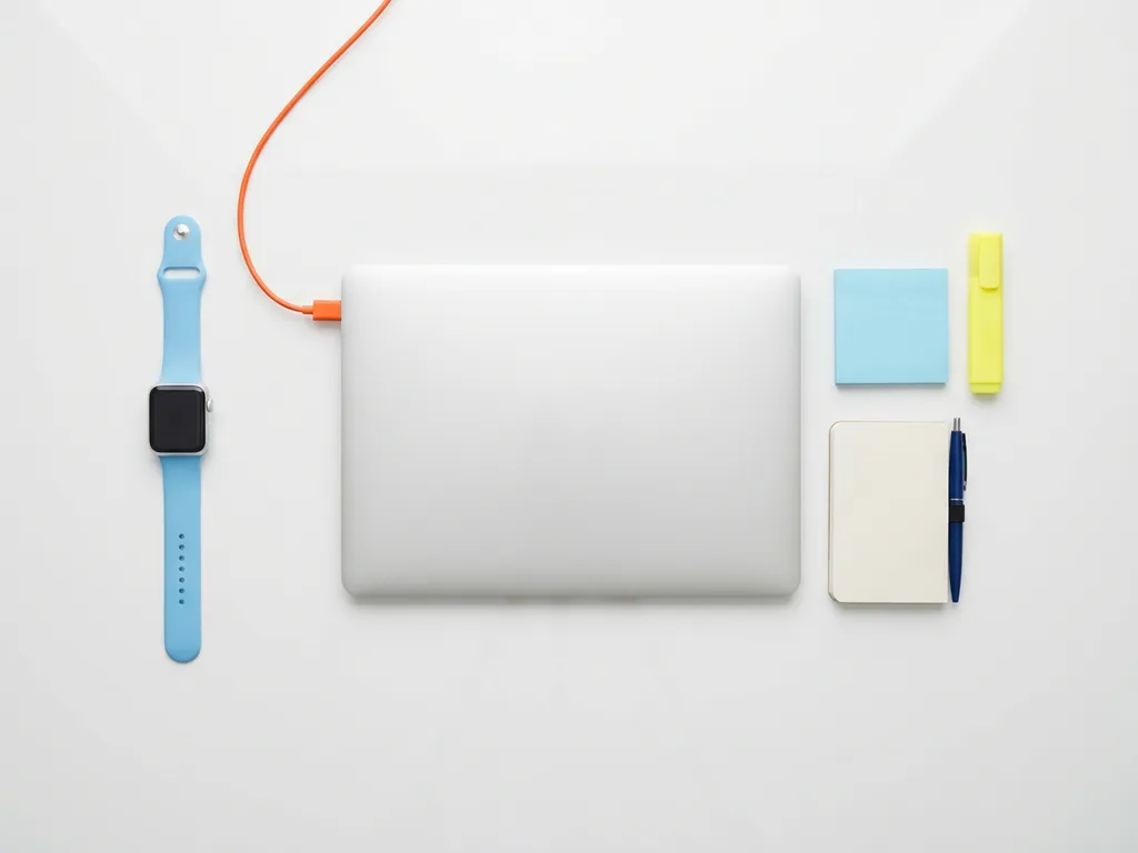 Bovenaanzicht van een moderne smartwatch en laptop op wit bureau, verbonden met oranje kabel, met sticky note, markeerstift en notitieboekje.
