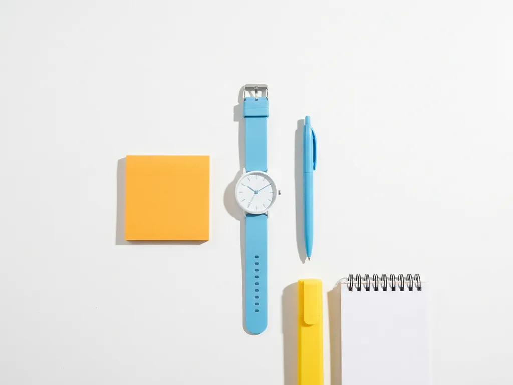 Moderne stopwatch op wit bureau met oranje sticky note, lichtblauwe pen en gele markeerstift in minimalistische flatlay.