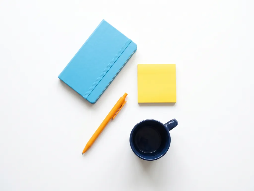 Bovenaanzicht van een lichtblauw notitieboek, oranje pen, gele sticky note en donkerblauwe koffiemok op wit oppervlak.