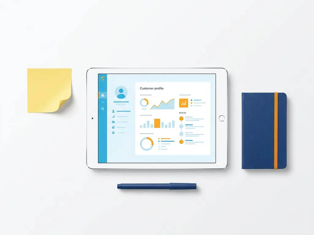 Tablet met kleurrijk klantprofiel dashboard in lichtblauw en oranje, omringd door gele sticky note, pen en notitieboekje op wit oppervlak.