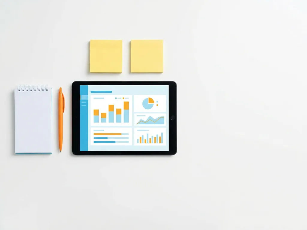 Tablet met kleurrijk klantrelatie-dashboard in blauw en oranje, omringd door notitieblok, pen en gele sticky notes op wit bureau.