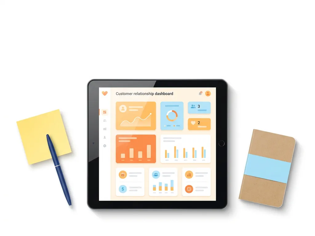 Tablet met kleurrijk CRM-dashboard omringd door sticky note, pen en notitieboekje op wit oppervlak.