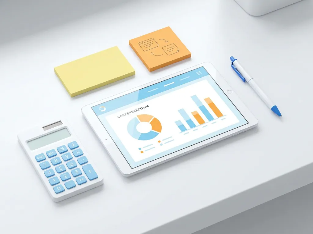 Tablet met kleurrijk kostenoverzicht dashboard, omringd door rekenmachine, gele sticky notes en pen op wit bureau.