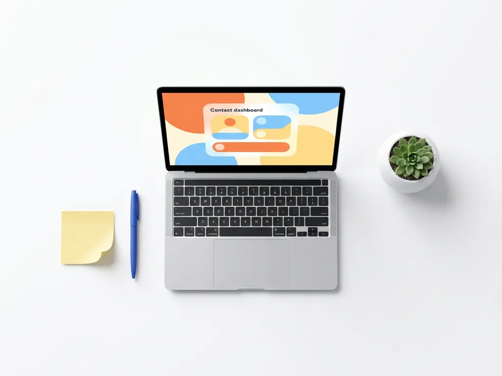 Laptop met kleurrijk contactendashboard in oranje en blauw, omringd door gele sticky note, blauwe pen en klein potplantje op wit bureau.