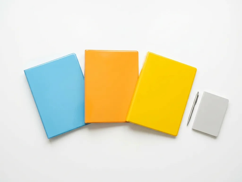 Drie gekleurde mappen in blauw, oranje en geel op een wit bureau met pen en notitieboekje, bovenaanzicht.