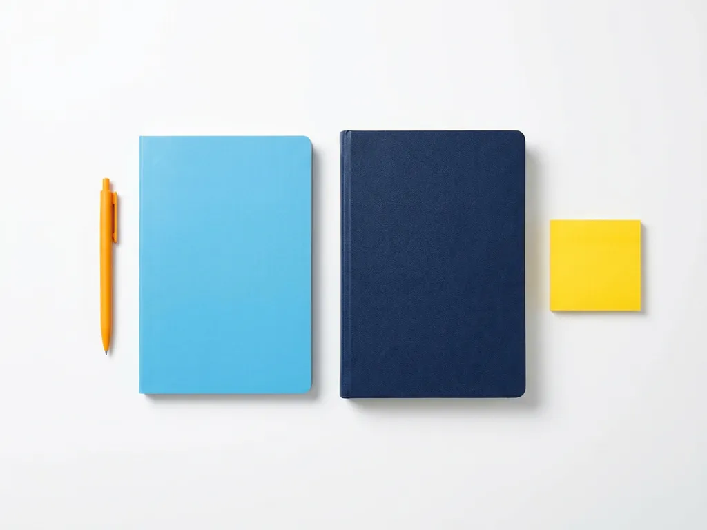 Twee notitieboeken op wit bureau: slanke lichtblauwe en dikkere donkerblauwe versie, met oranje pen en gele sticky note.