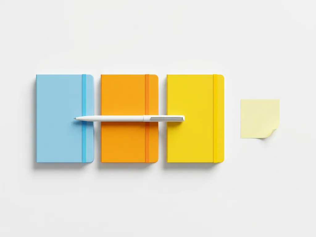 Drie gekleurde notitieboeken in blauw, oranje en geel op wit bureau met pen en sticky note.