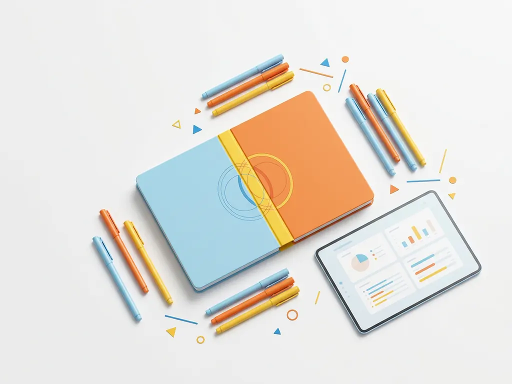 Twee notitieboeken die samensmelten tot één planner op wit bureau, omringd door blauwe, oranje en gele pennen en een tablet met dashboard.
