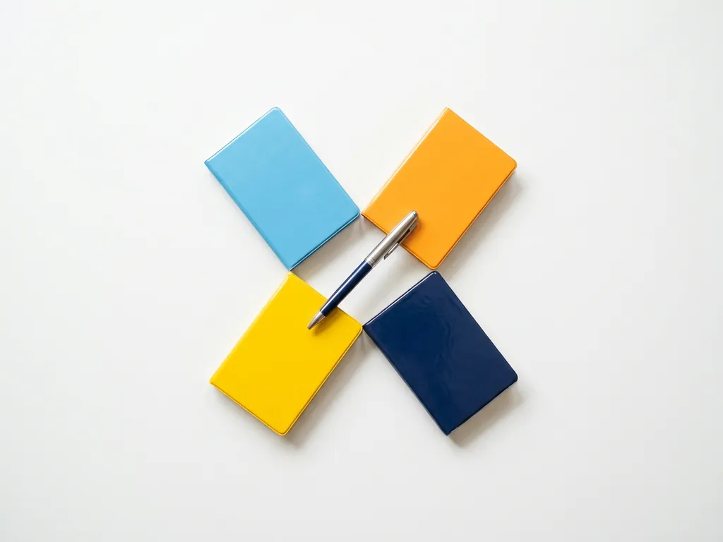 Vier kleurrijke notitieboekjes in lichtblauw, oranje, geel en donkerblauw met een pen, bovenaanzicht op witte achtergrond.