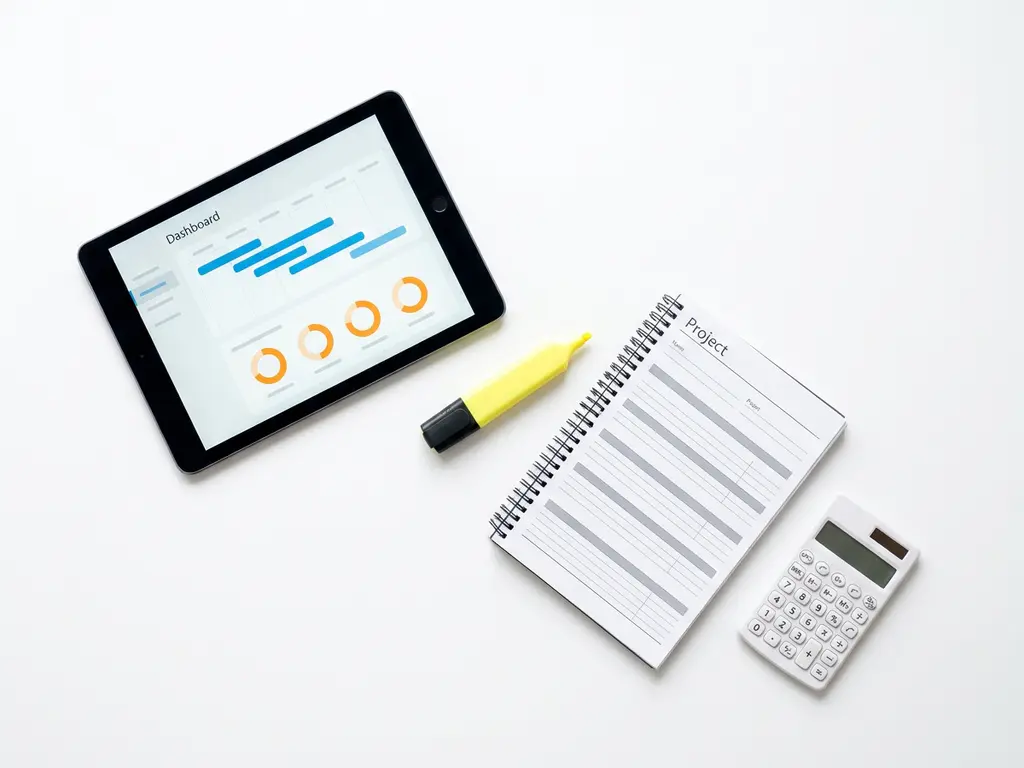 Tablet met kleurrijk projectdashboard, notitieblok en rekenmachine op wit oppervlak, bovenaanzicht.