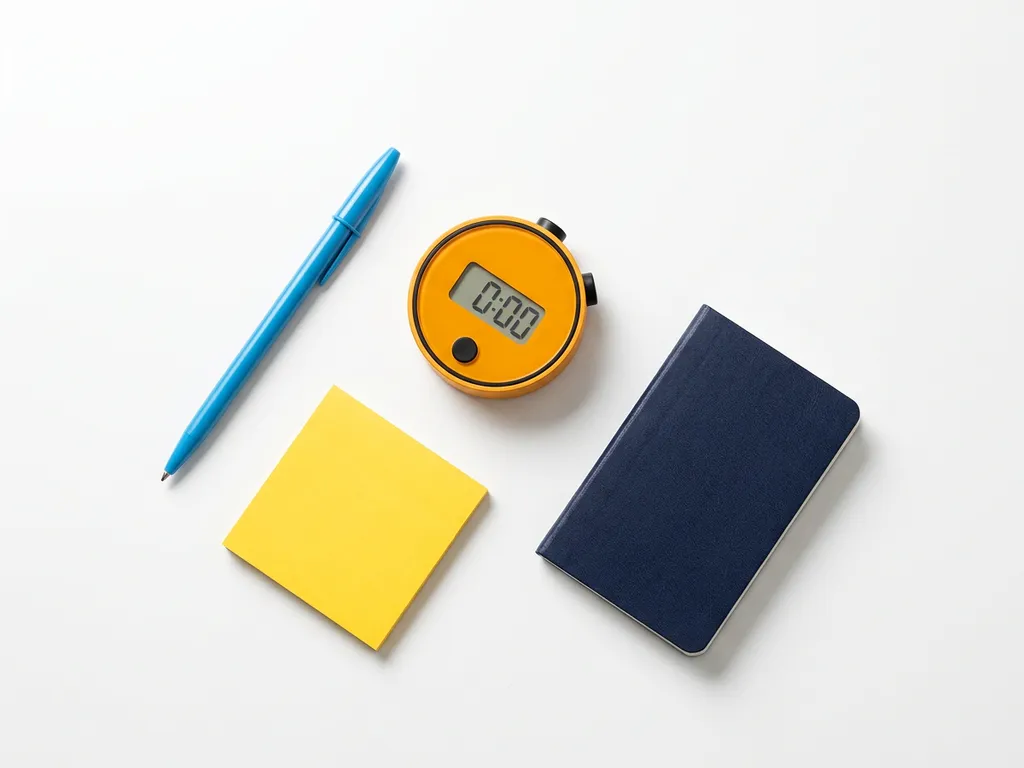 Oranje stopwatch op wit bureau naast blauwe pen, geel memoblaadje en donkerblauw notitieboekje, bovenaanzicht.