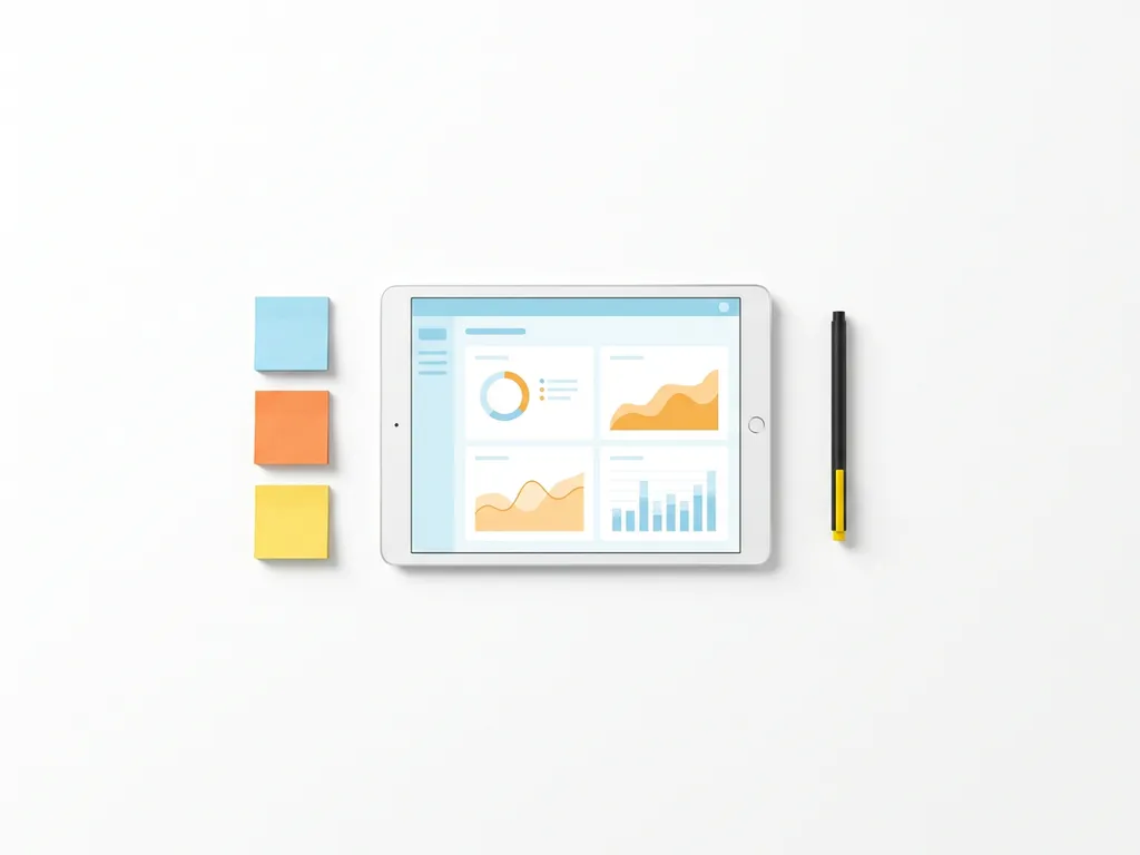 Tablet met kleurrijk datadashboard in blauw en oranje, omringd door gekleurde sticky notes en pen op wit oppervlak.