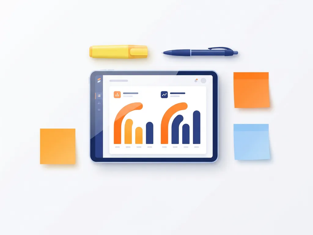 Tablet met kleurrijk factureringsdashboard met oranje en blauwe grafieken, omringd door markeerstift, pen en sticky notes op witte ondergrond.