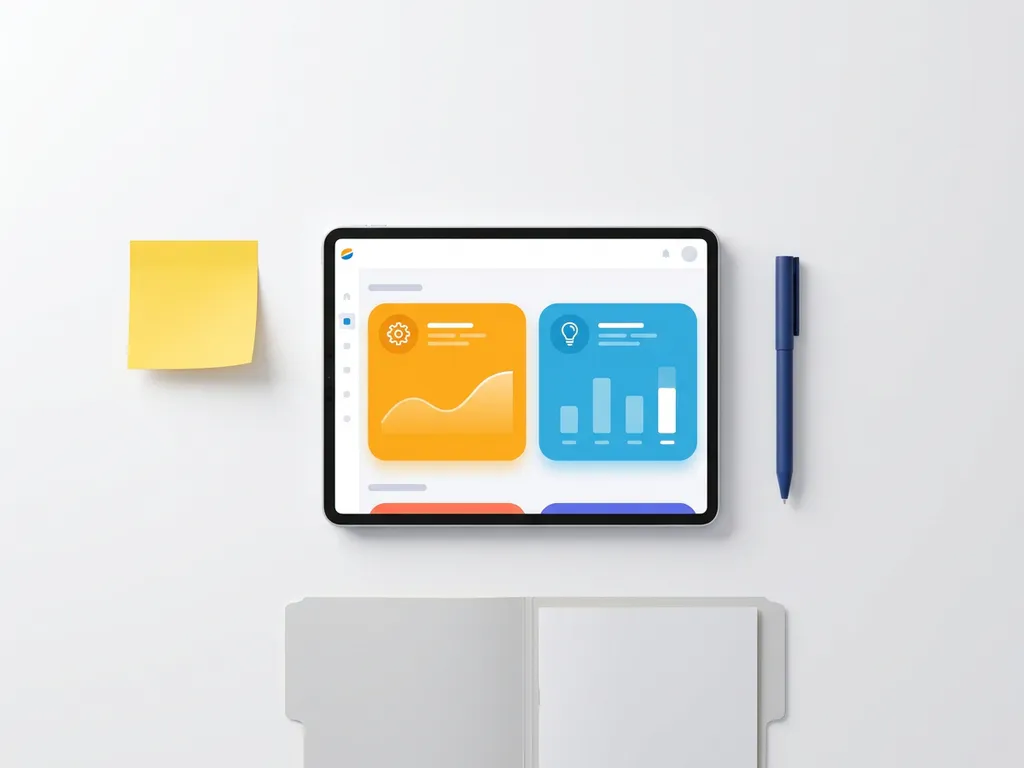 Tablet met kleurrijk dashboard van oranje en blauwe datakaarten, omringd door gele sticky note, donkerblauwe pen en documentmap op witte ondergrond.