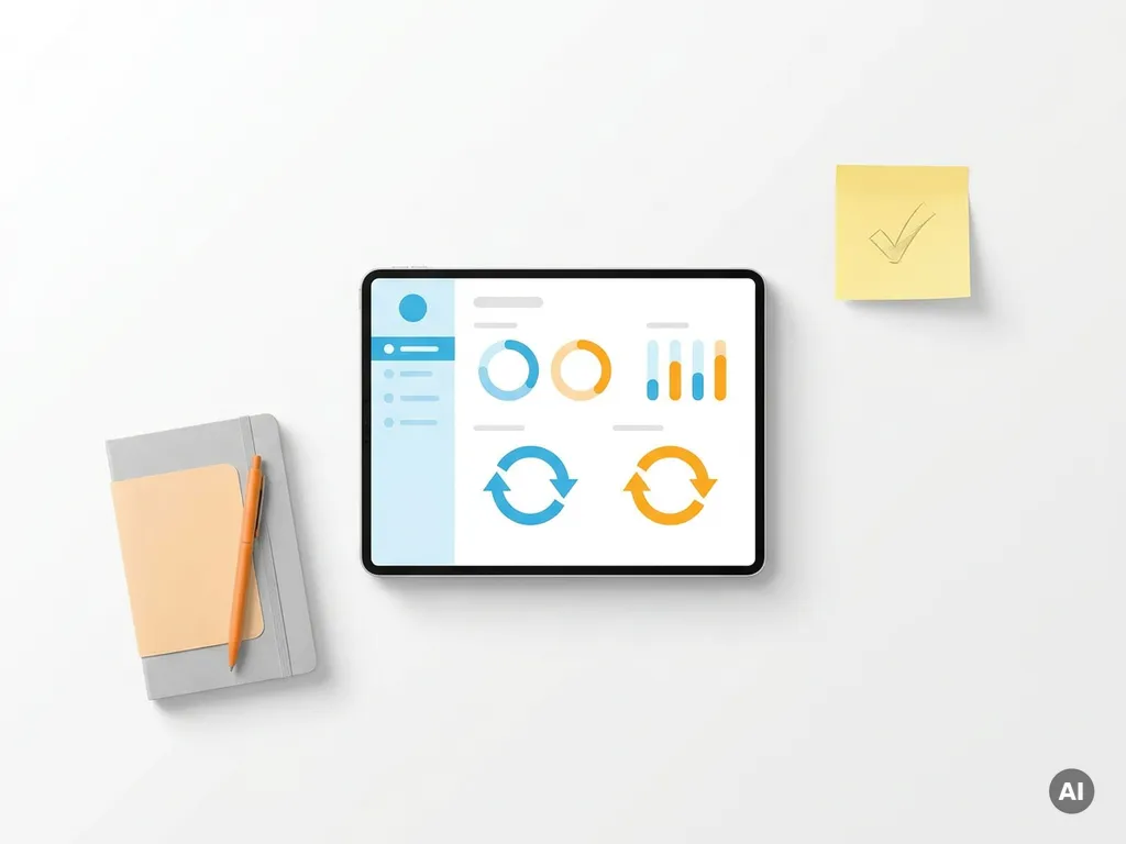 Tablet met kleurrijk abonnementsdashboard in blauw en oranje, omringd door notitieboekje, pen en sticky note op wit bureau.