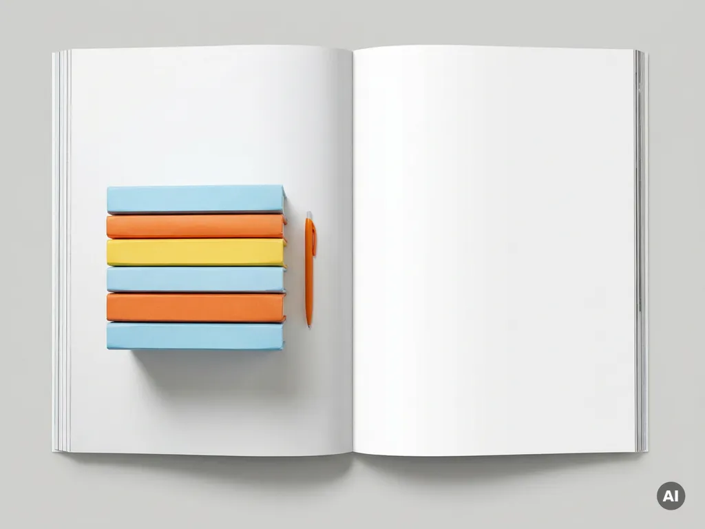 Stapel lichtblauwe, oranje en gele boeken op wit bureau met een oranje pen ernaast, bovenaanzicht.