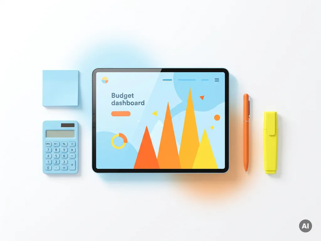 Tablet met kleurrijk budgetdashboard, omringd door rekenmachine, blauwe sticky note en oranje pen op wit bureau.