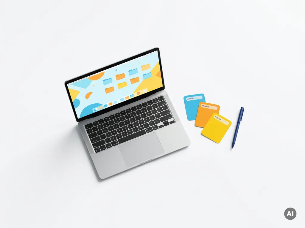 Bovenaanzicht van een wit bureau met een open laptop met kleurrijk dashboard, omringd door gesorteerde kaartjes in blauw, oranje en geel naast een donkerblauwe pen.