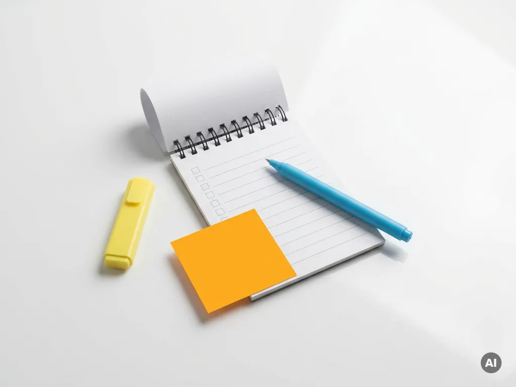 Minimalistische flatlay van wit bureau met opengeslagen notitieboek, oranje sticky note, lichtblauwe pen en gele markeerstift.
