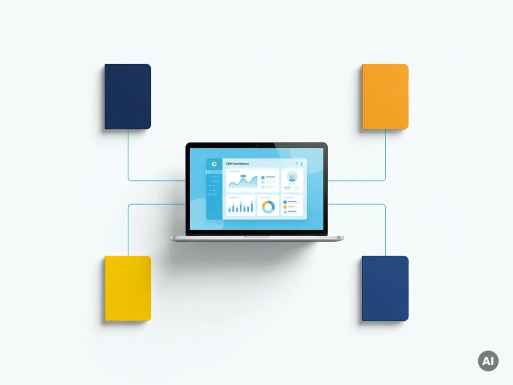 Laptop met kleurrijk CRM-dashboard omringd door vier notitieboekjes die vestigingen verbinden, minimalistisch flatlay-ontwerp.
