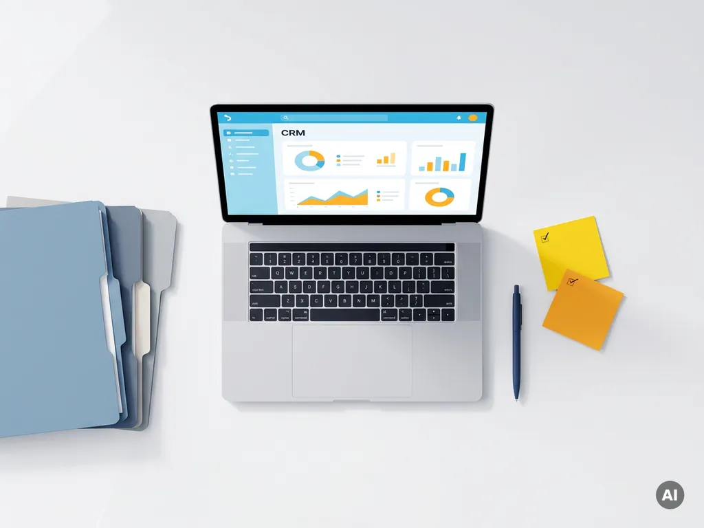 Laptop met kleurrijk CRM-dashboard in blauw en oranje, omringd door mappen, pen en sticky notes op wit oppervlak.