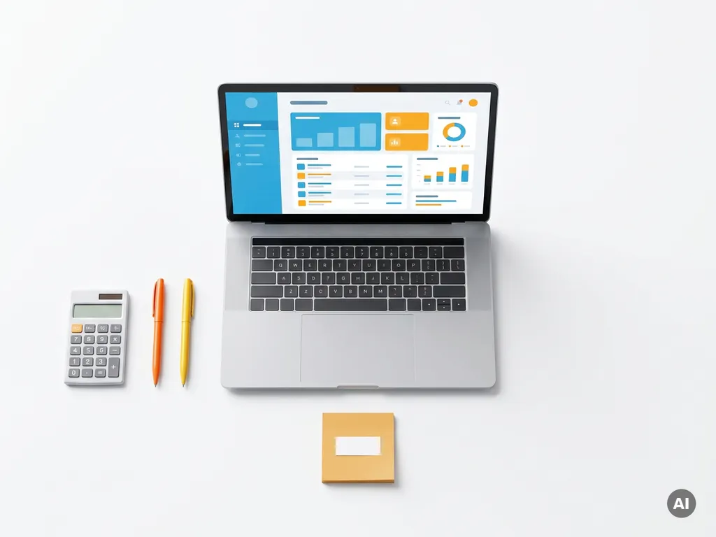 Laptop met kleurrijk CRM-dashboard in blauw en oranje, omringd door rekenmachine, pennen en sticky note op wit oppervlak.