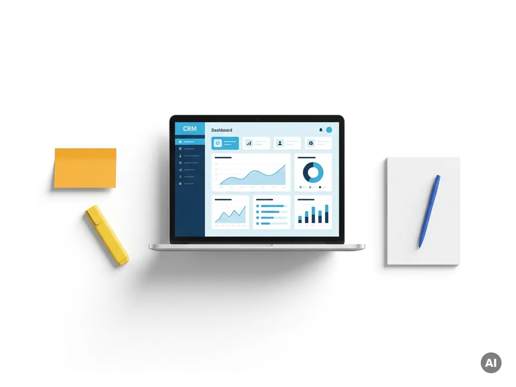 Laptop met CRM-dashboard in lichtblauw en donkerblauw, omringd door oranje sticky note, gele markeerstift en notitieblok op wit bureau.