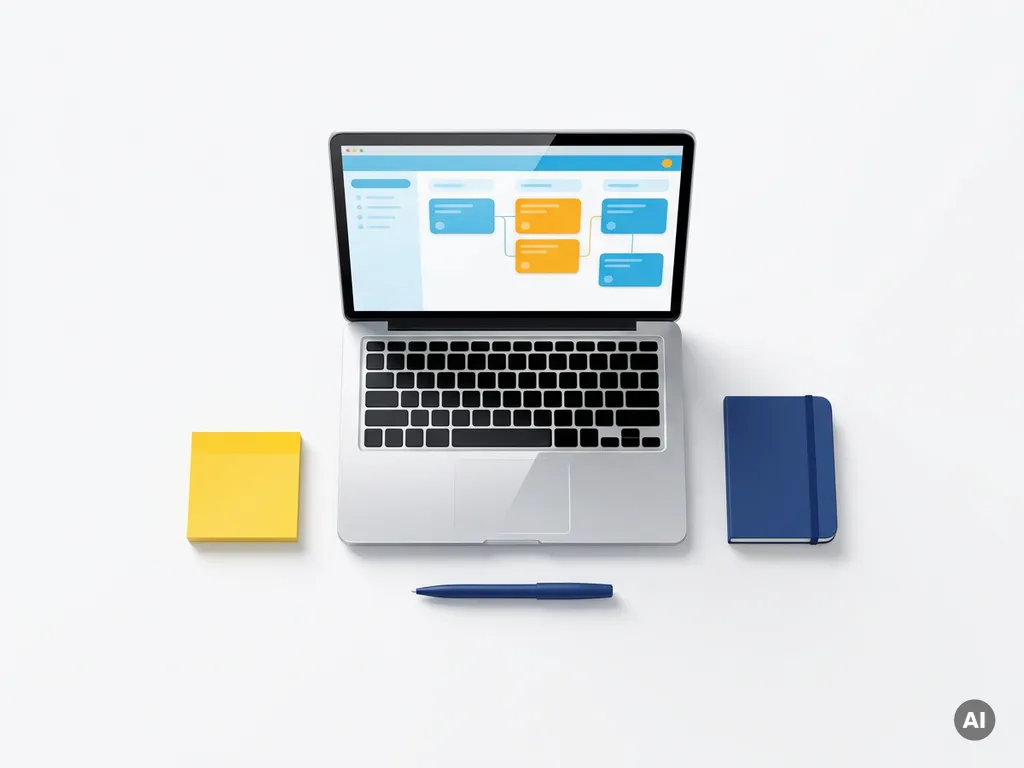 Laptop met kleurrijk CRM-dashboard omringd door notitieblok, pen en gele sticky note op witte ondergrond.